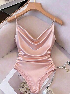 Elegant Pink Women's Ruched Satin One Piece Swimsuit